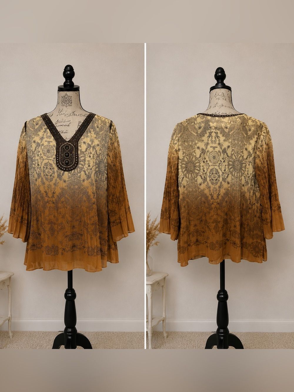 Dressbarn Vintage-Inspired Boho Paisley Print Flowy Sleeves Beaded Festival Sz S